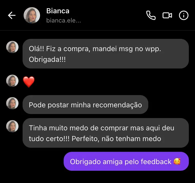 Mensagem de Bianca sobre compra e recomendação do material