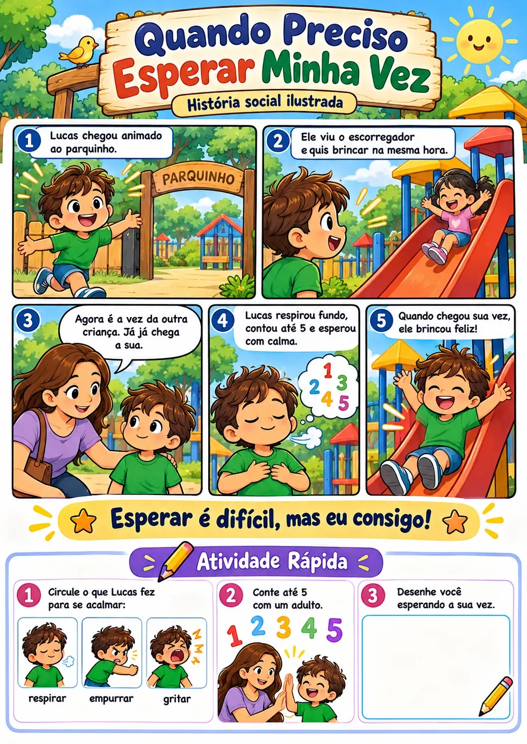 História em quadrinhos Quando Preciso Esperar Minha Vez, com atividade rápida