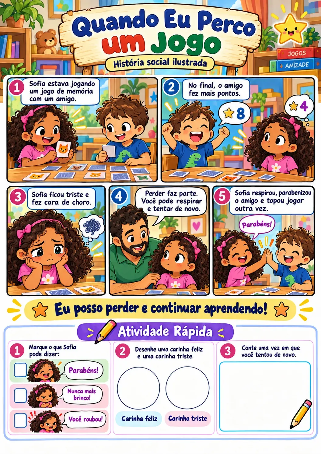 Página ilustrada sobre uma situação de convivência entre crianças, seguida de atividade