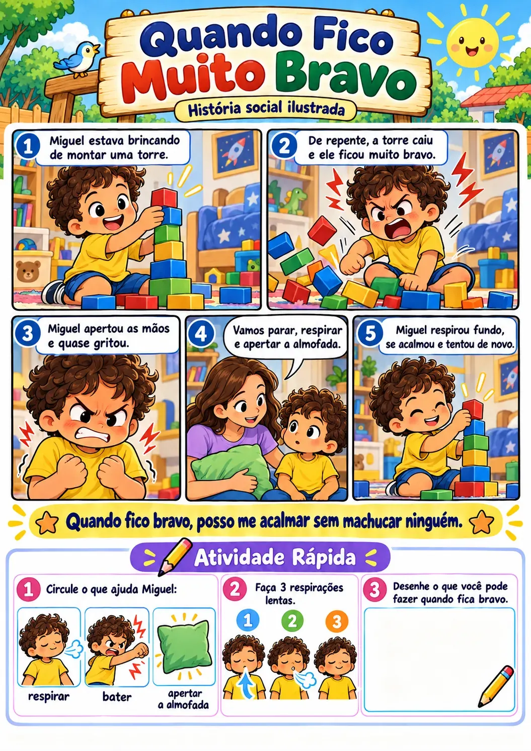 Exemplo de história social ilustrada com quadrinhos e atividade