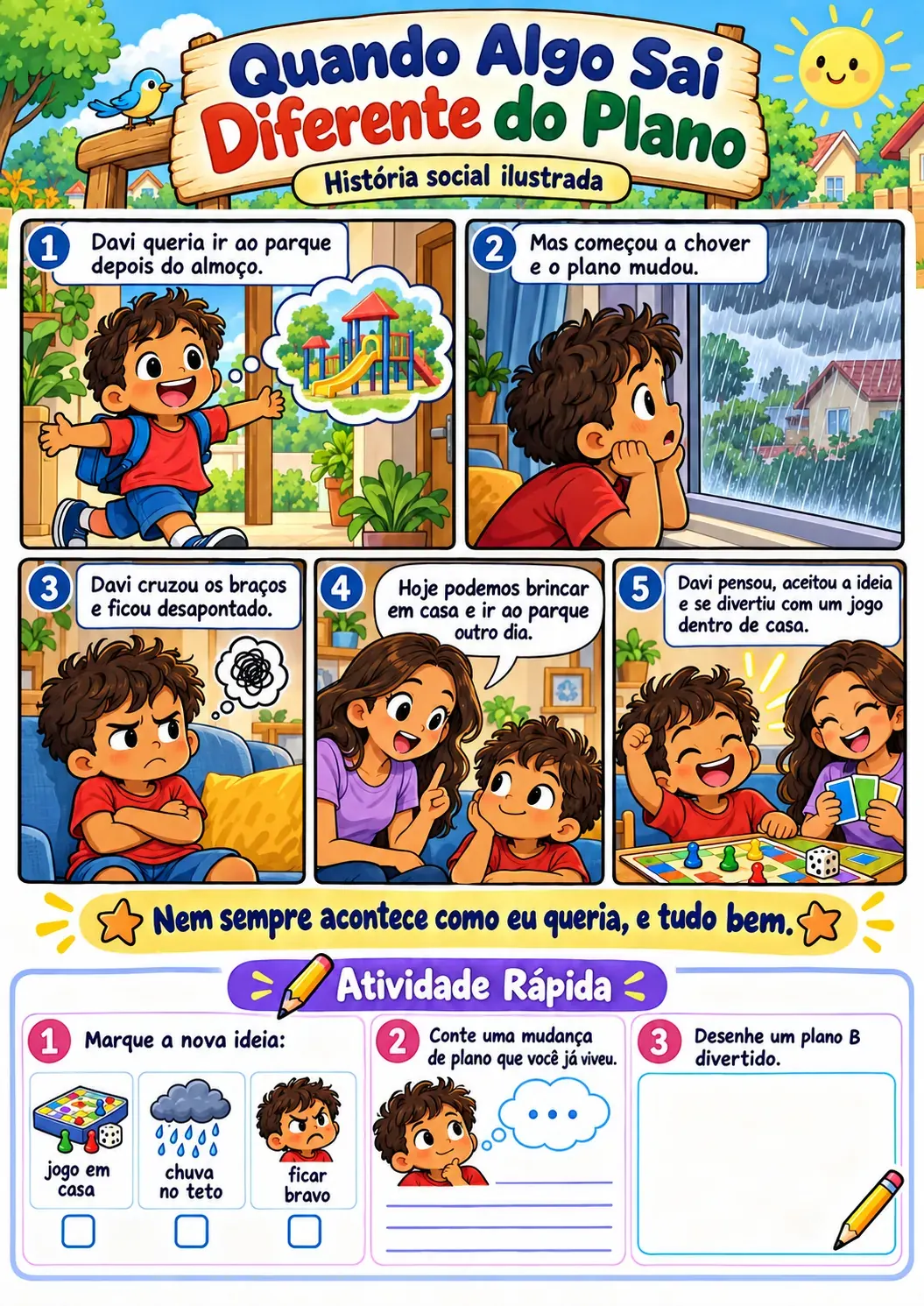 História Quando Algo Sai Diferente do Plano com atividade rápida