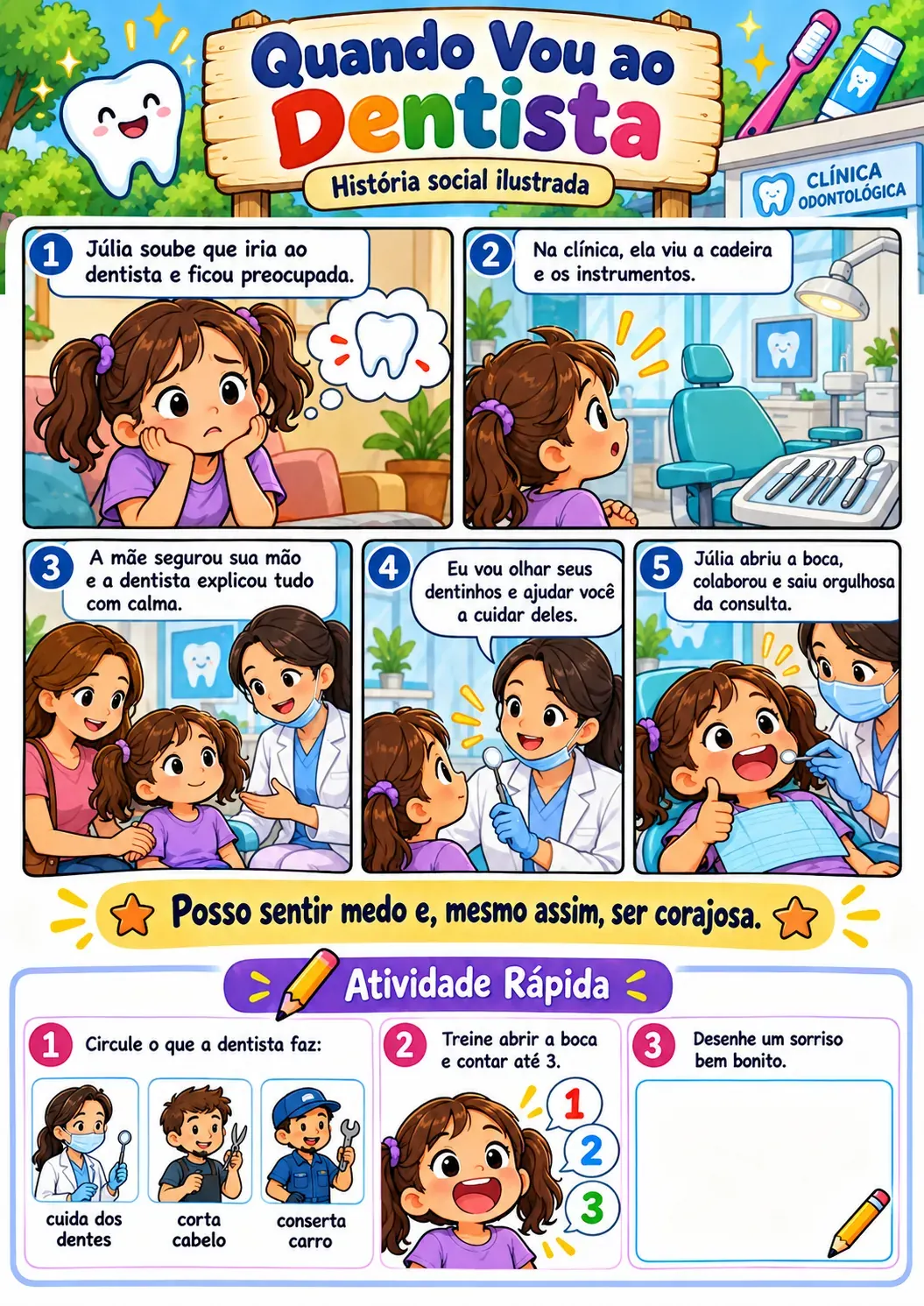 Página do material com história social ilustrada e atividade